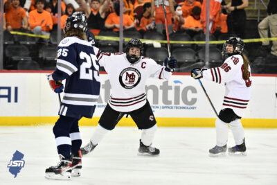 Morristown-Beard celebrates a goal during the 2023 NJSIAA Girls Ice Hockey State Championship Game.